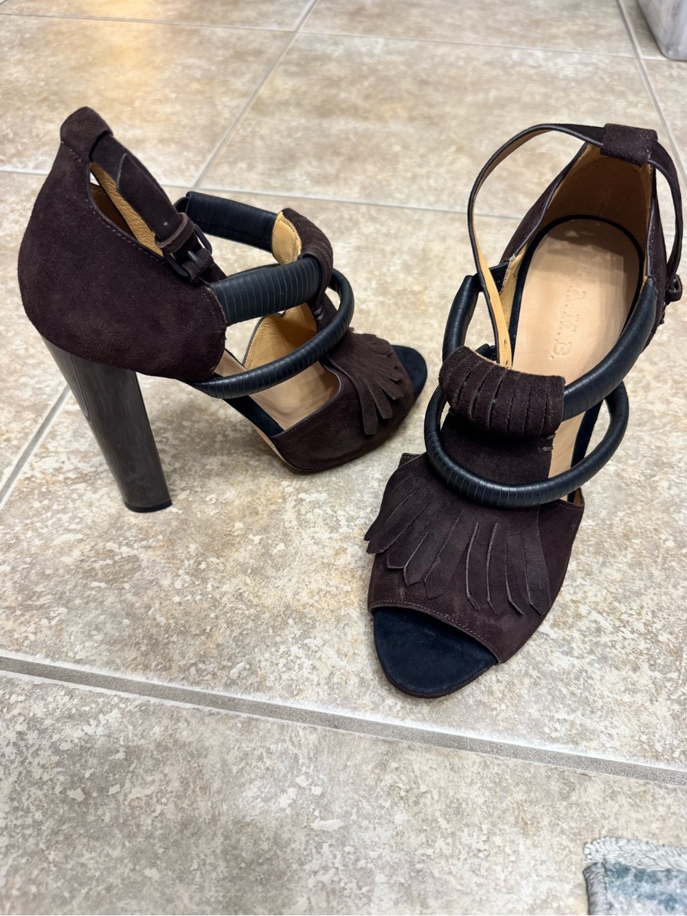L.A.M.B. Black Brown Suede Fringe Platform Heel Sandals - Picture 7 of 7